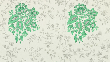 Green flower patterned wall paper. Some aspects of green are muted, the others almost neon green.