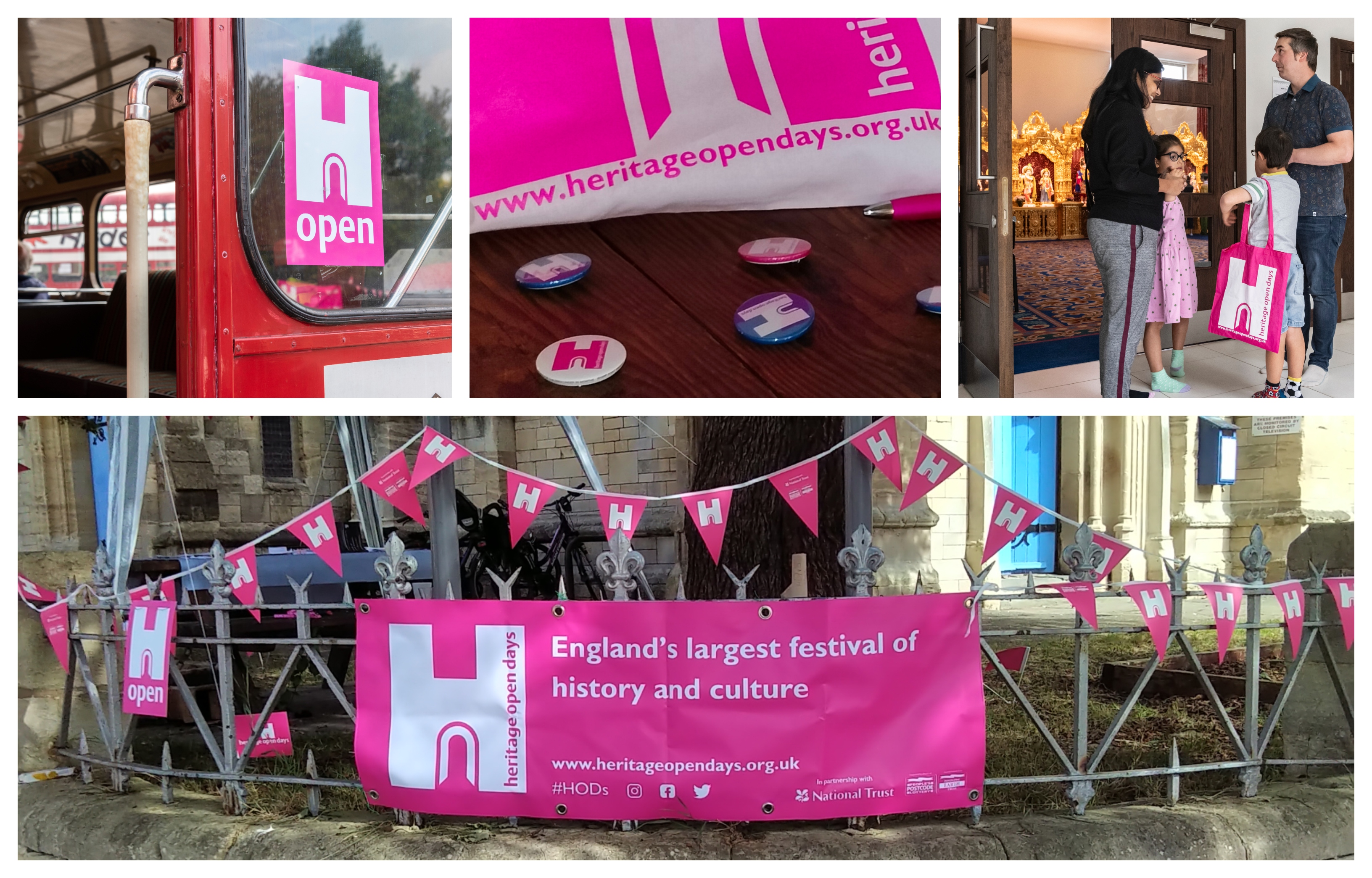Mosaic of images showing bright pink banners, bunting, open signs, bags and badges in use at different events.