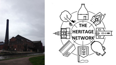 Two images. The left a brown brick building with a chimney next to a river and the other the logo of 'The Heritage Network'.