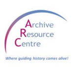 A pink and blue curved line above with words "Archive Resource Centre Where guiding history comes alive!"