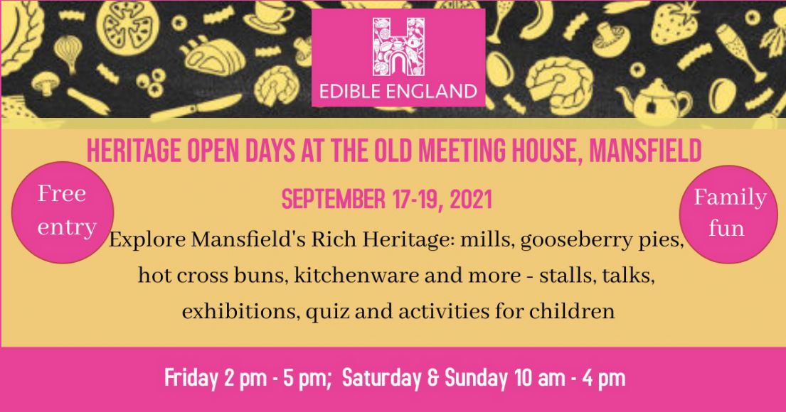 A pink and yellow poster the Old Meeting House Unitarian Chapel created for the 2021, outlining activities available on the day.