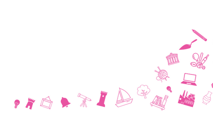 A white banner with pink silhouette icons, including a churches, factory, laptop, train, hiker, tree and pawprints.