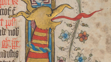 A close up of marginalia in a medieval manuscript. A red and yellow striped dragon with tongue sticking out next to blue and pink flowers.
