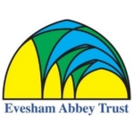 Logo for Evesham Abbey Trust with a yellow, blue and green illustration.