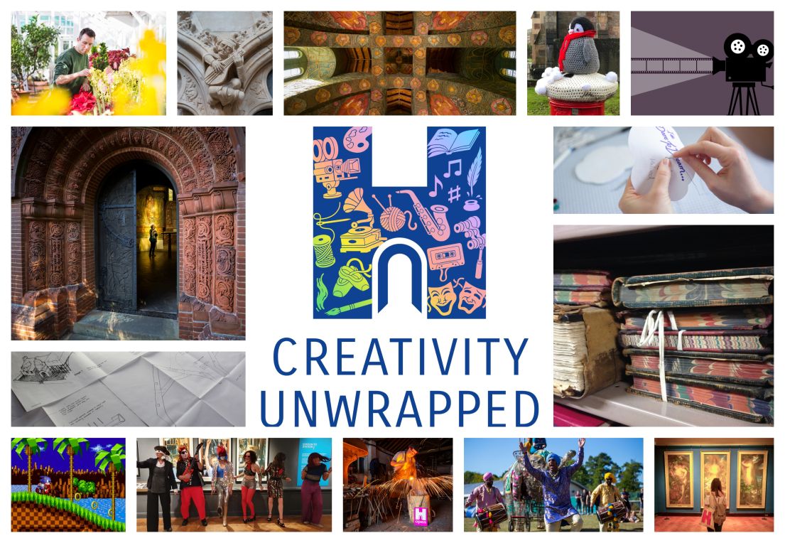 A collage of images showing creativity from gardening, sewing. In the centre is the Creativity Unwrapped Heritage Open Days logo.