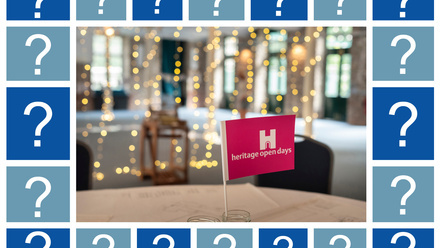 Photo of pink hand waving flag on a table in a room lit by fairy lights. Surrounded by graphics of question marks.