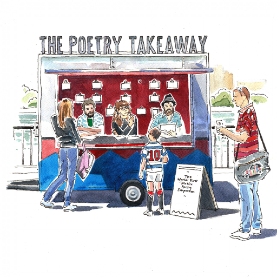 A drawing of a metal trailer with three individuals sat inside writing poems, with customers waiting. On top of the van reads 'The Poetry Takeaway'.