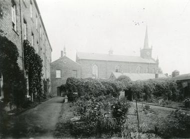 The old church and cloister gardens, St Mary's Priory, c. 1890s. Photograph from The Princethorpe Foundation Archives