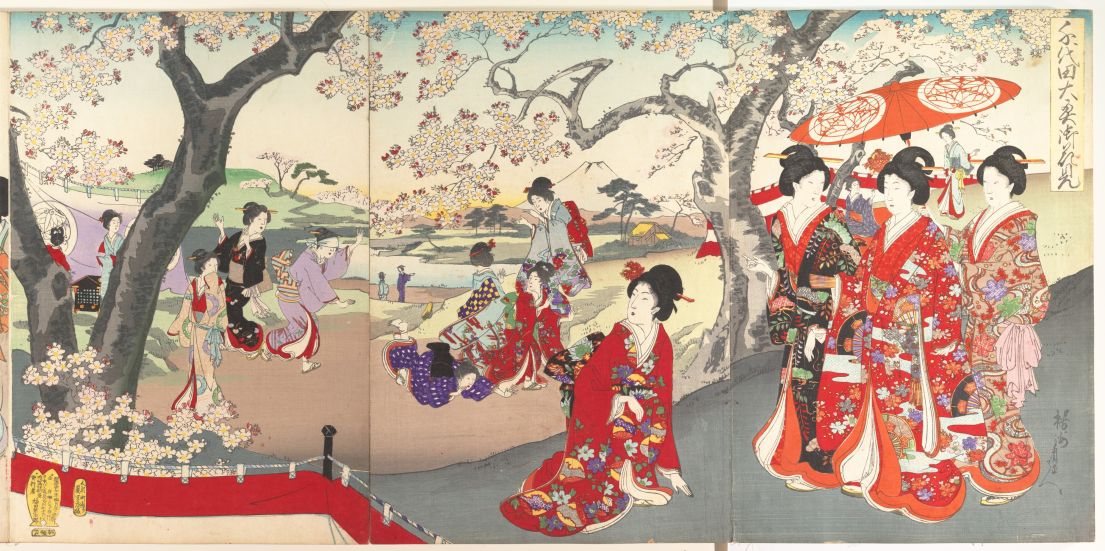 A Japanese painting of women viewing the famous cherry blossom, walking in groups under parasols. 