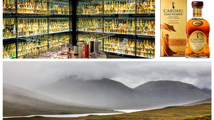 Image mosaic: room with cabinets full of whisky bottles; whisky bottle and box; misty mountainous landscape with river valley.