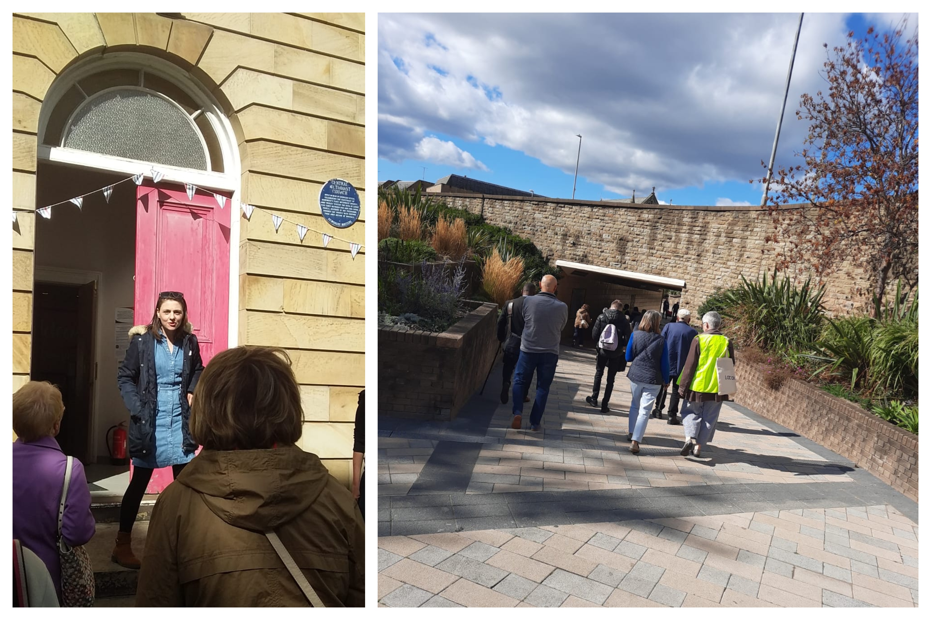 Two photographs of tour group. First looking at the entrance to a building, Second, walking towards a wall in an urban garden.