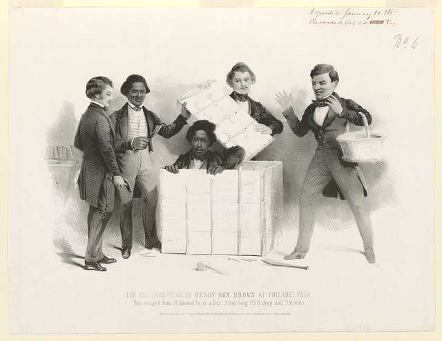 Old newspaper illustration of a man emerging from a large box opened by 4 other men.