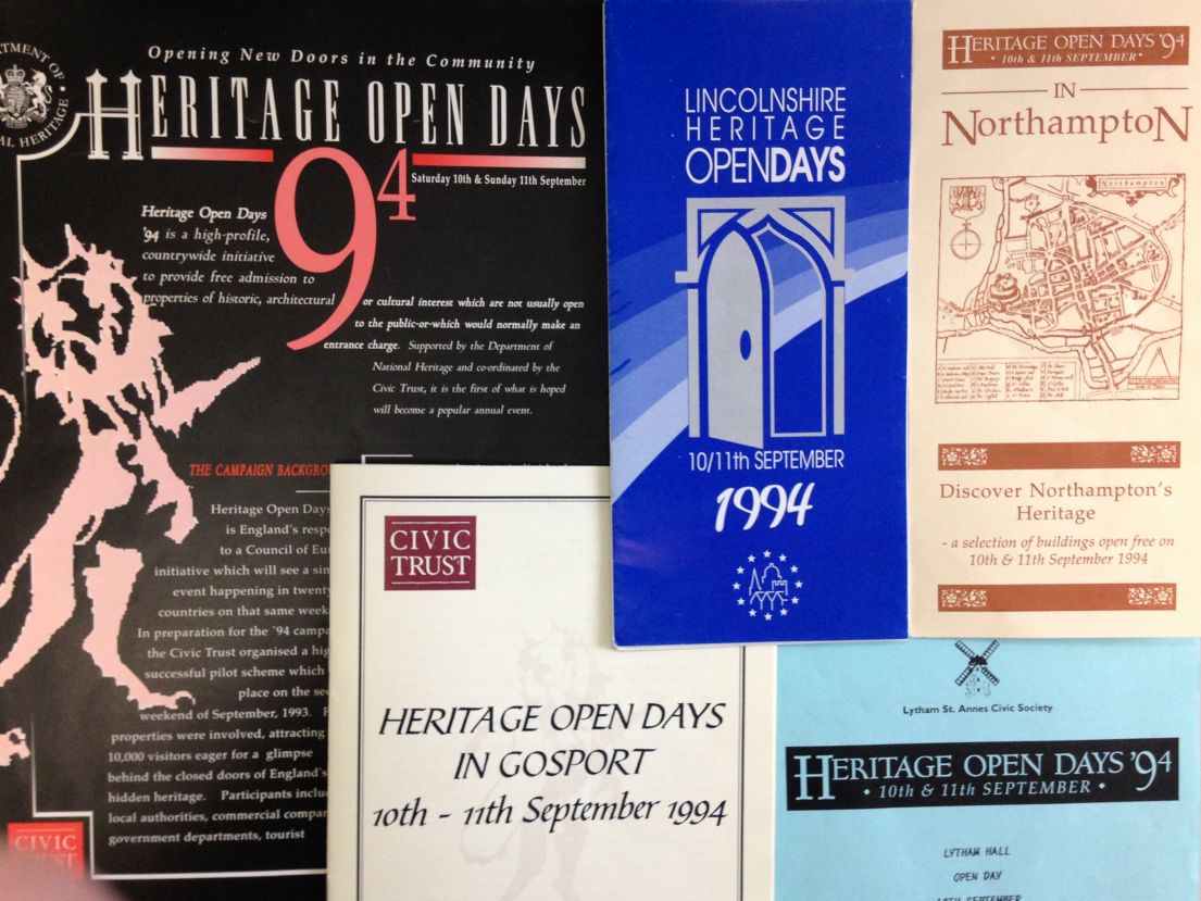 A collage of past Heritage Open Days leaflets dating to 1994.