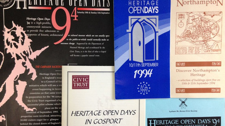 A collage of past Heritage Open Days leaflets dating to 1994.