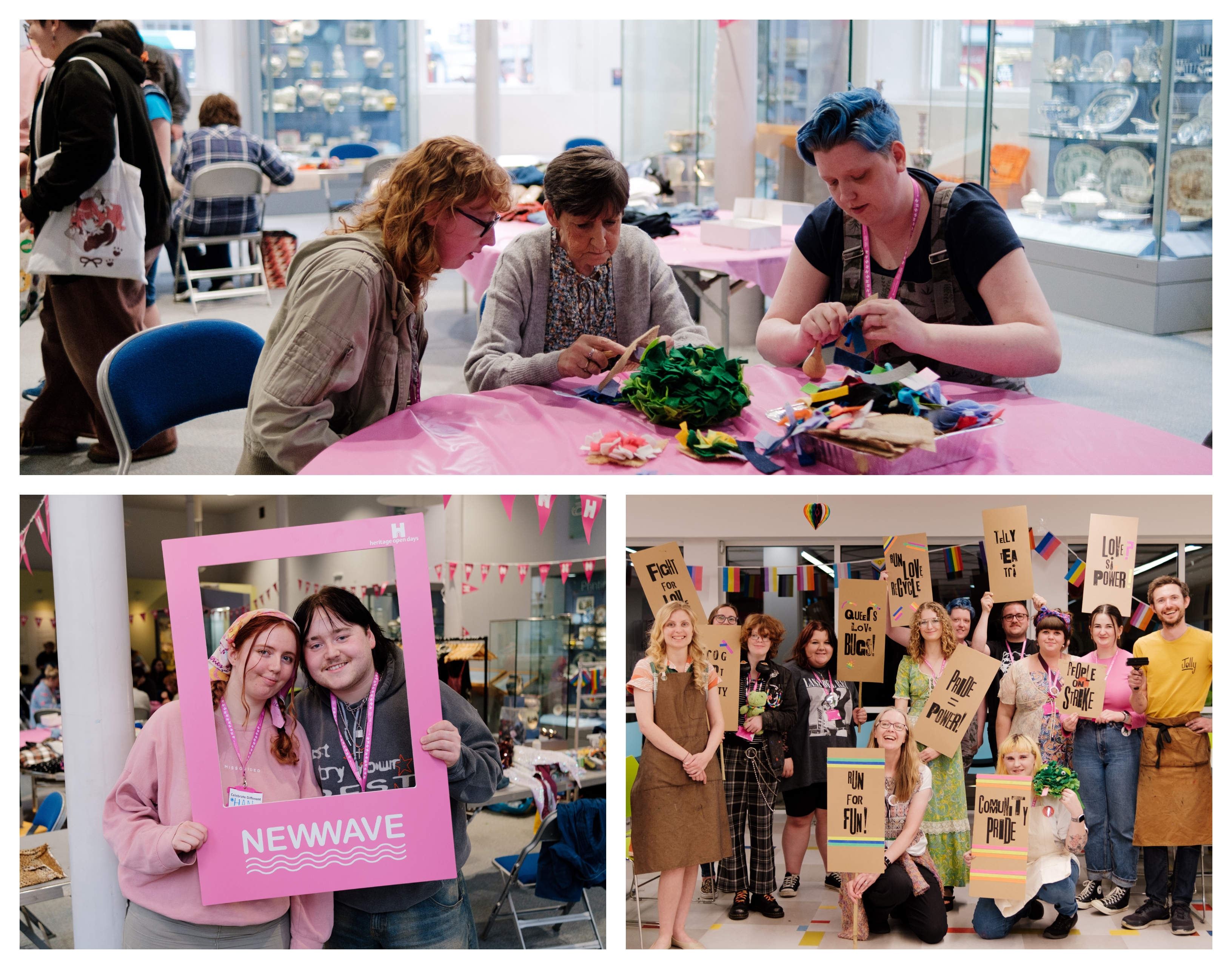 Mosaic of images of young adults crafting at a table, holding up cardboard protest signs, looking through a pink selfie frame.