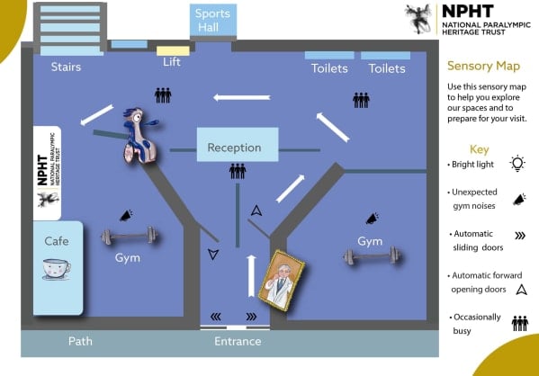 Room plan highlighting elements like busy spaces and sliding doors.