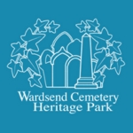 A light blue logo with a white illustrative graphic of ivy and gravestones above the text "Wardsend Cemetery Heritage Park"