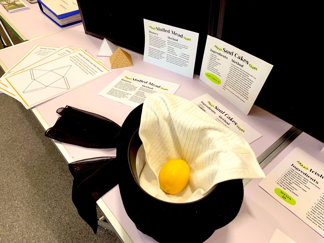 A lemon in a turned over top hat, sat on a table with displayed behind it.