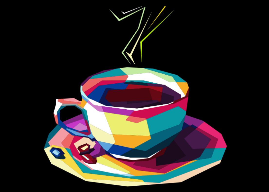 An abstract colourful drawing of a full steaming cup of tea, sat in a saucer.