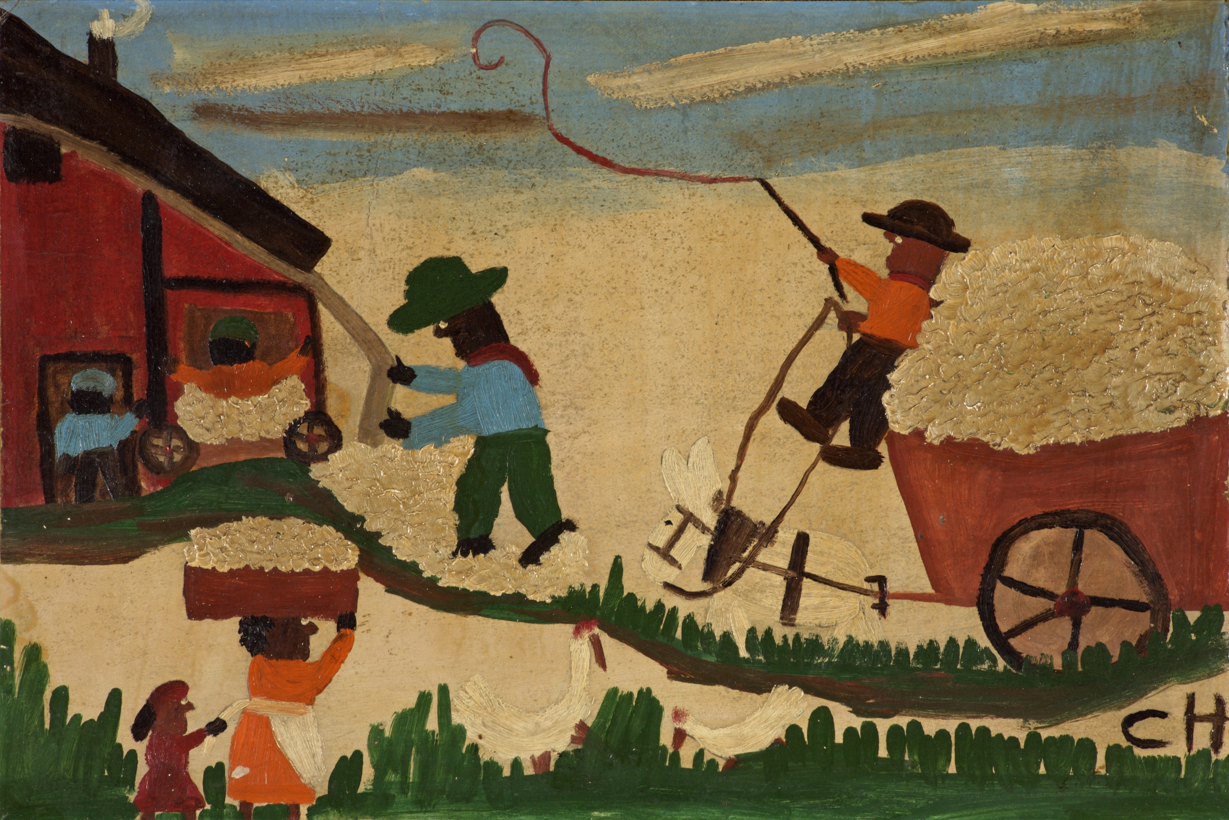 Folk art painting of cotton workers in America.