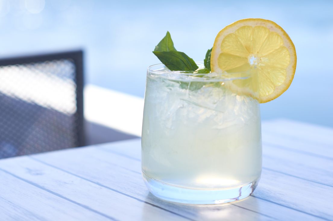 A small glass tumbler with an iced drink, a slice of lemon and mint