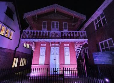 The Grade I listed chalet that belonged to Charles Dickens, lit up for Rochester Light Nights, February 2022, photo by RH Kerr