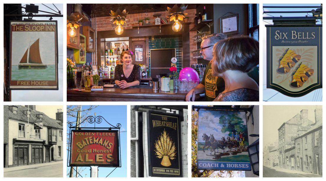 A collage of pub signs, buildings and one image of a women stood behind a bar with a HODs sticker and HODs balloons.