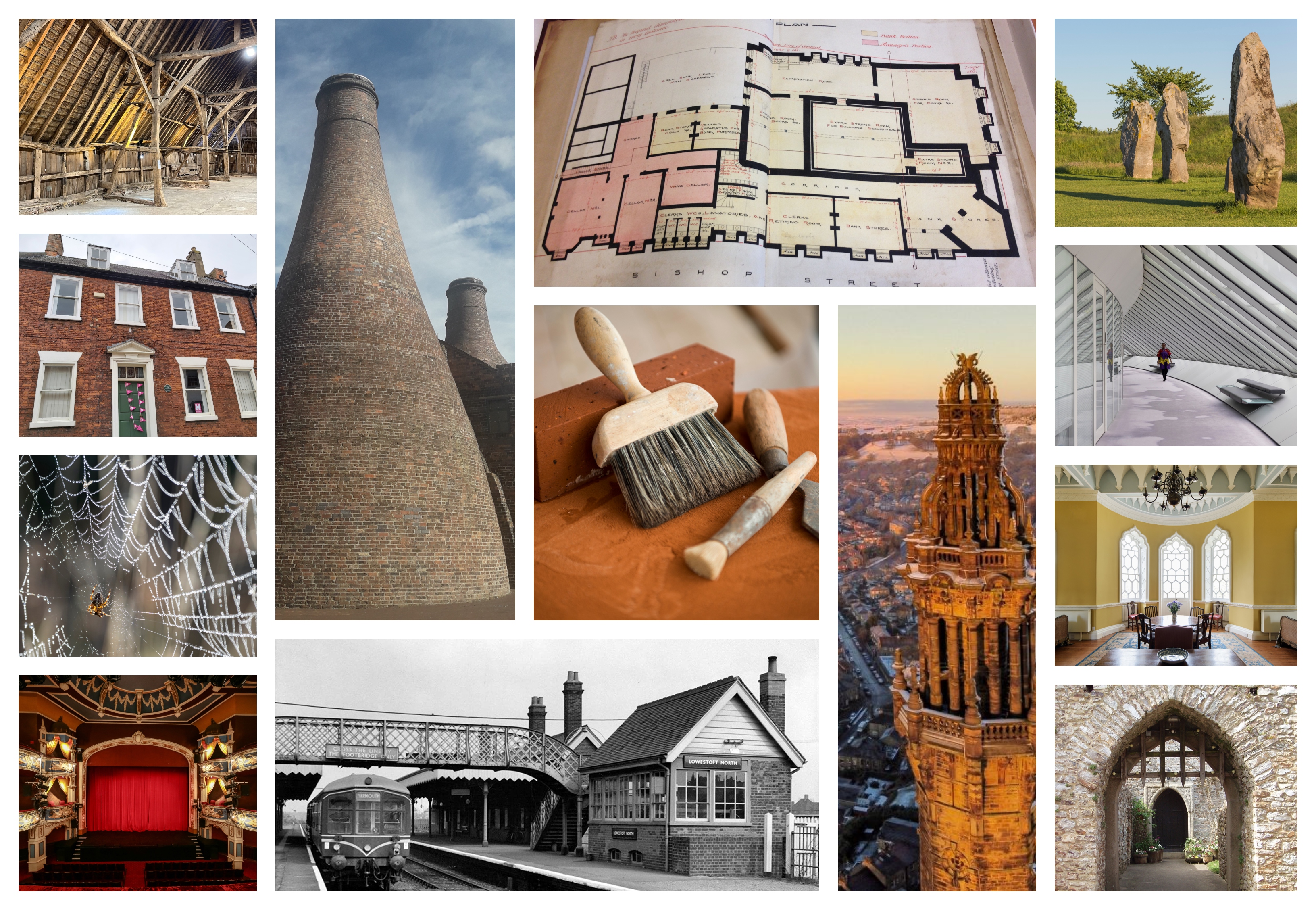 Mosaic of images of buildings, building plans and tools, plus a spider web.