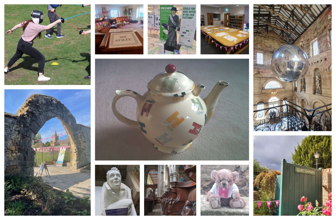 Collage of images, a teddy bear with a white 'H' logo shirt, cathedral pews, stone statues, garden gates, court rooms, lego statues and fencing ladies