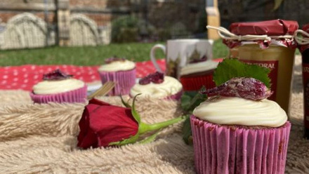 A cupcake picnic on a brown fur and red and white spotted picnic blanket in the grounds of a cathedral garden.