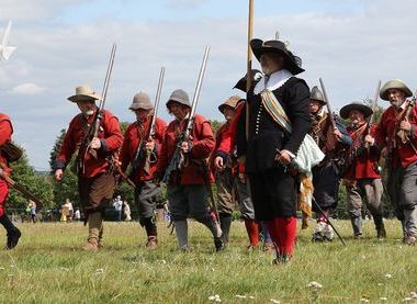 Soldiers from the Devereux's Regiment, taking part in drilling exercise in full uniform with weapons 