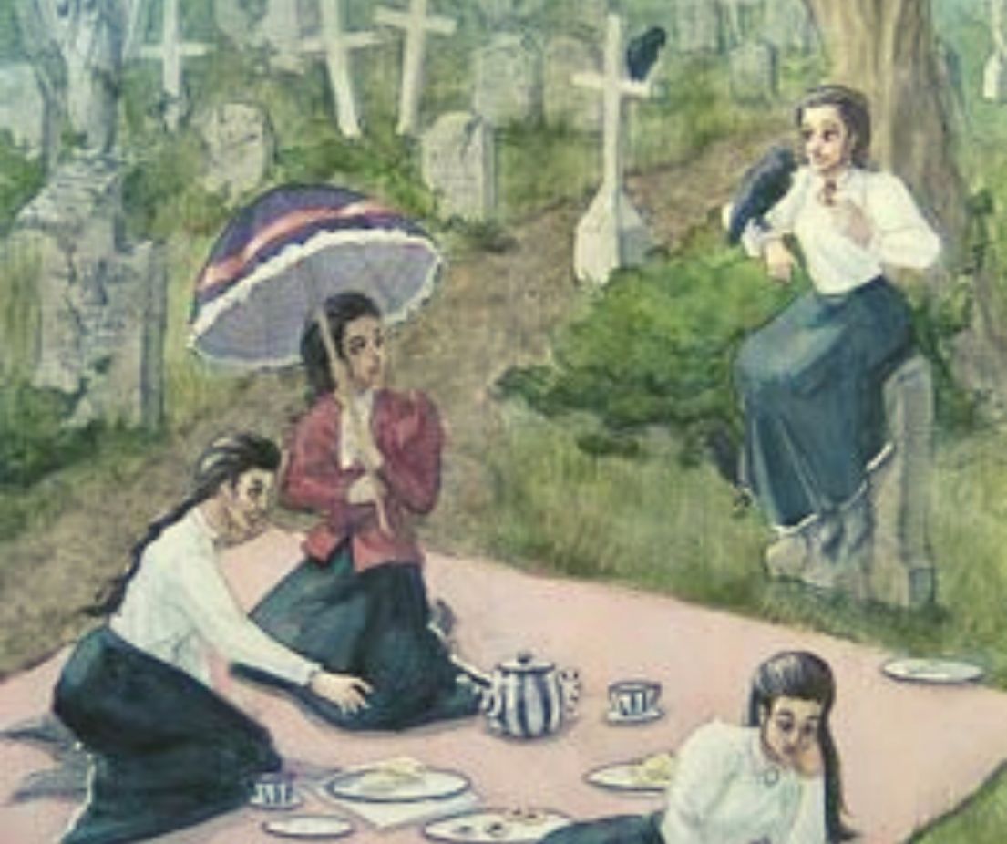 A watercolour of Victorian women enjoying a picnic in a graveyard, three sat on a picnic rug, one holding a parasol, enjoying the atmosphere. 