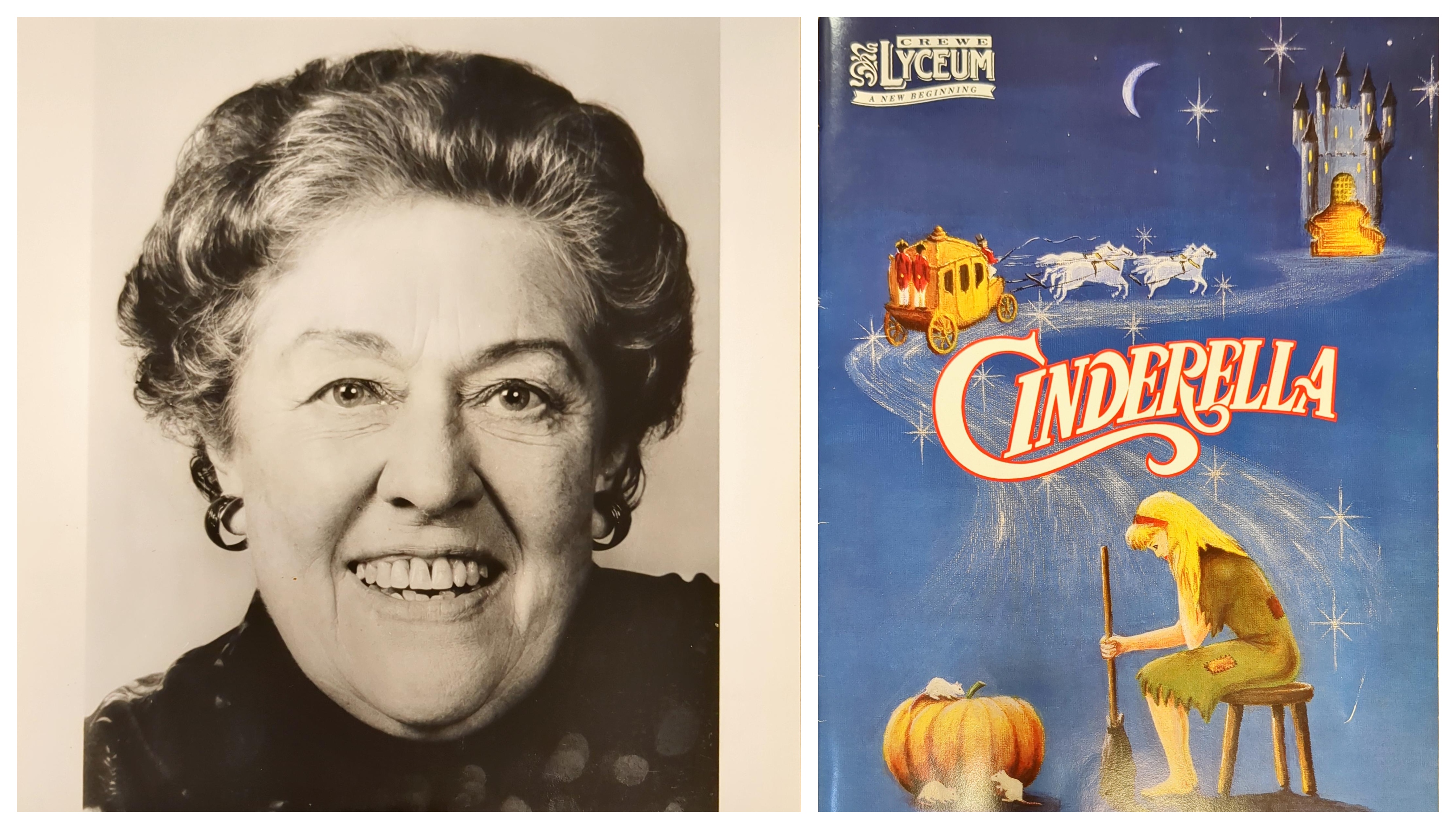 Headshot of a woman with short curly hair, alongside the theatre programme for Cinderella.