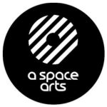 A black circle with 'a space arts' text inside and a smaller striped black and white circle.