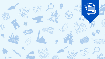 A light blue banner, with icons such as church, lightbulb, train, musical note, windmill, wool ball, vehicle, laptop, silhouettes and a files icon.