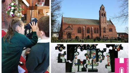 A collage showing the children investigating at St James, a picture of the church and small partially completed puzzle.