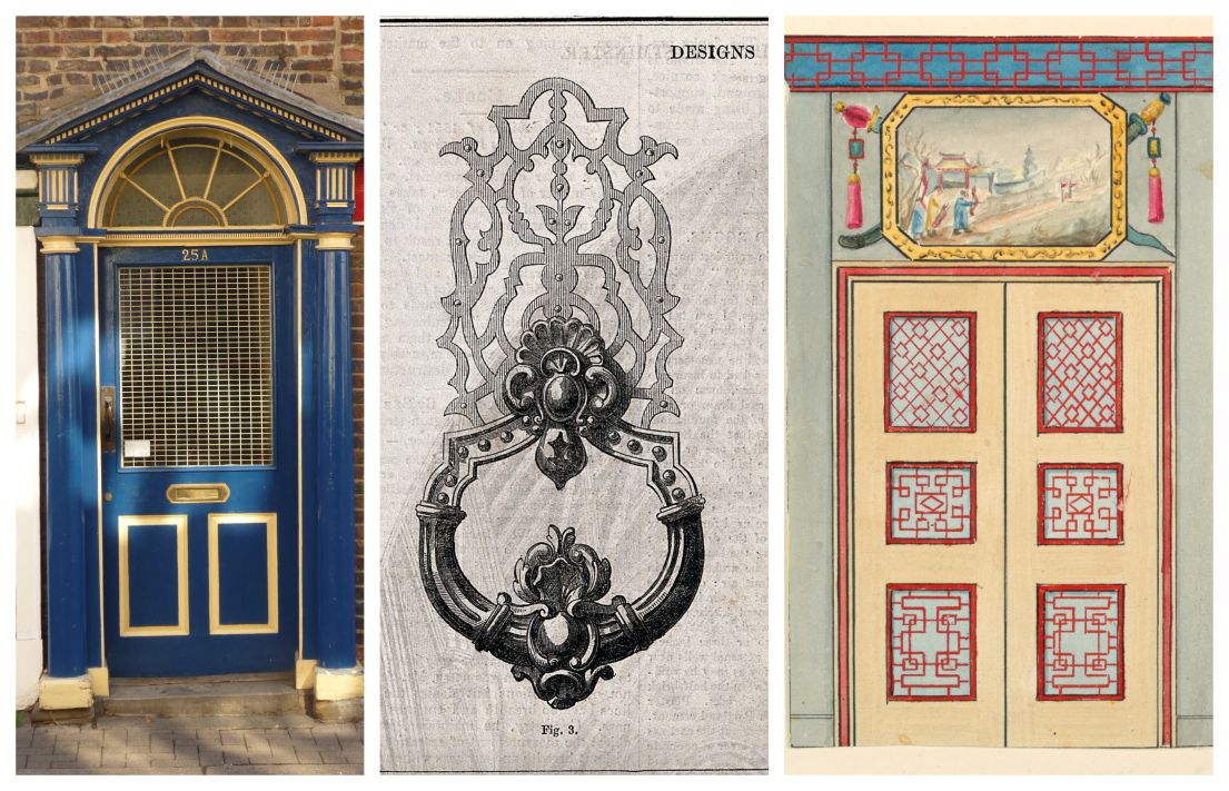 A collage of doors. The first showing a blue door, the second focusing on a doorknocker, the third a cream door painted with red designs.