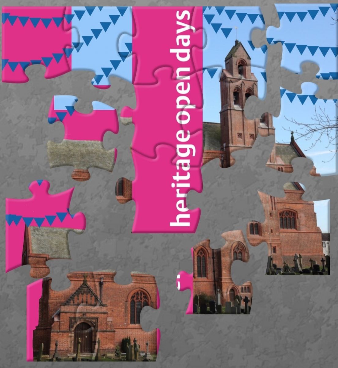A partially completed puzzle, showing the image of of St James Church, bunting and the banner reading 'Heritage open Days'.