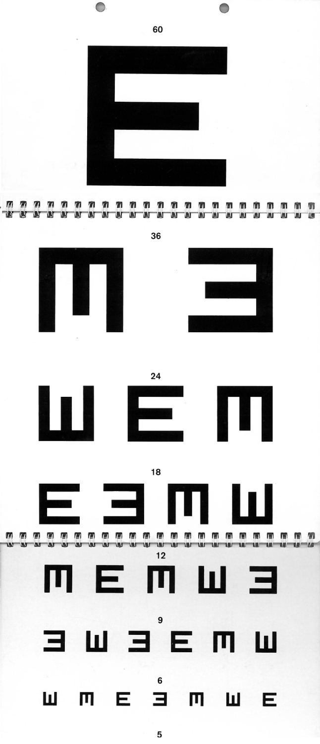 A long thin chart with the letter E in varying positions decreasing in size as you go down.