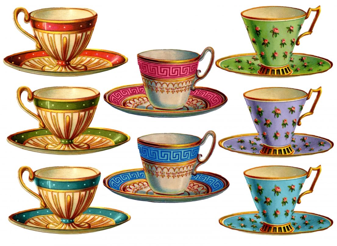 8 illustrations of colourful vintage teacups.