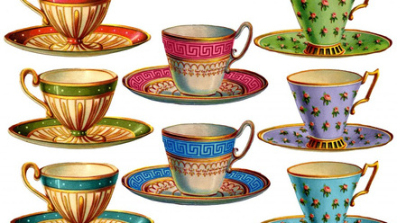 8 illustrations of colourful vintage teacups.