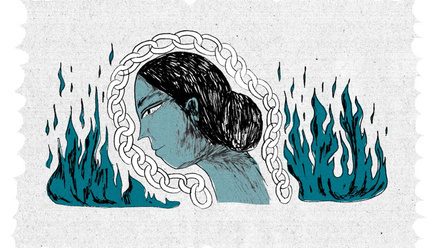 An illustration of a women from the neck up, the outline of her head is traced by a chain, either side are blue flames.