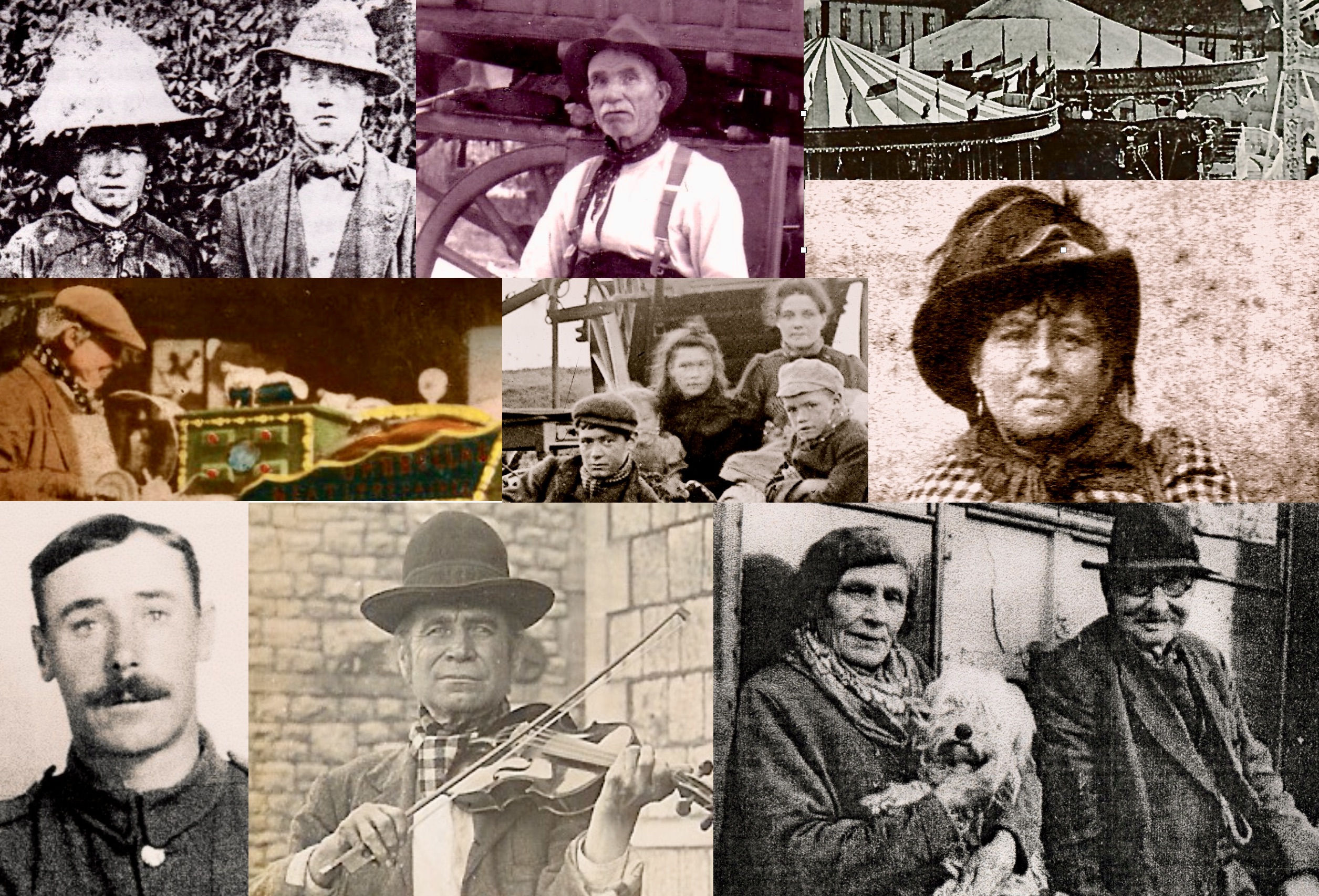 Mosaic of old photographs of people, several in hats, one playing a fiddle, another holding a dog.
