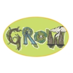 An illustrational logo with environmental drawings forming the word GROW.