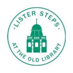 A circular green and white logo with a silhouette of a building with a round roof and the text "Lister Steps at the Old Library"