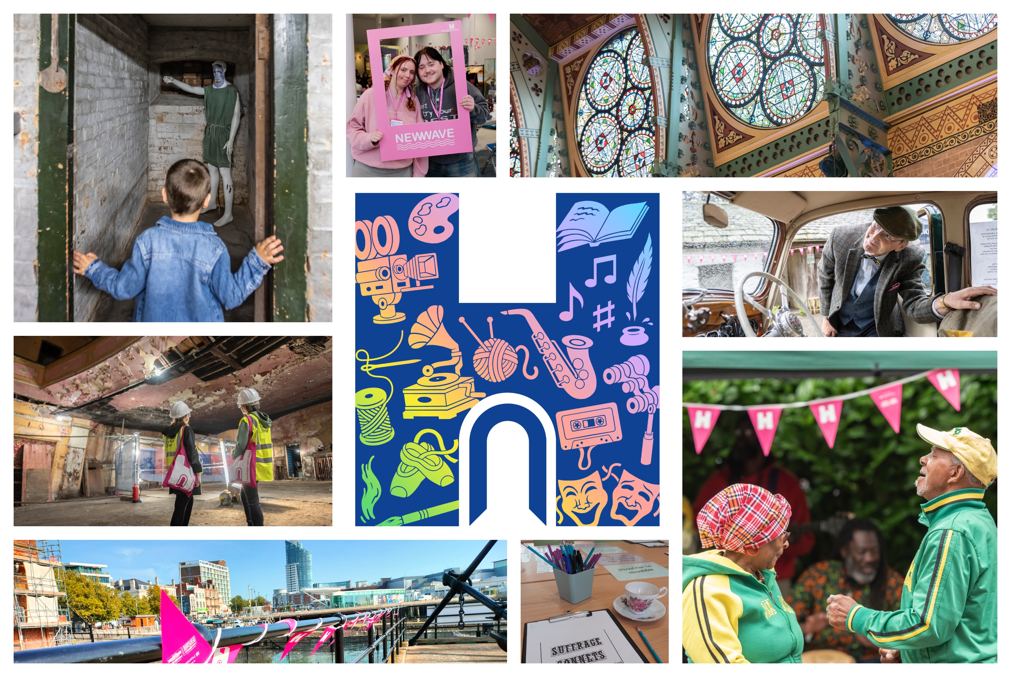 Mosaic of photographs from the festival showing people dancing, looking at a dilapidated building, a vintage car, bunting on a pier, a child in a doorway.