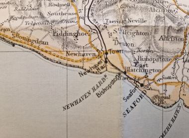 Newhaven featured in Bacon's Sussex County Map & Guide for Cyclists and Tourists, showing danger hills!  Credit - West Sussex Record Office 