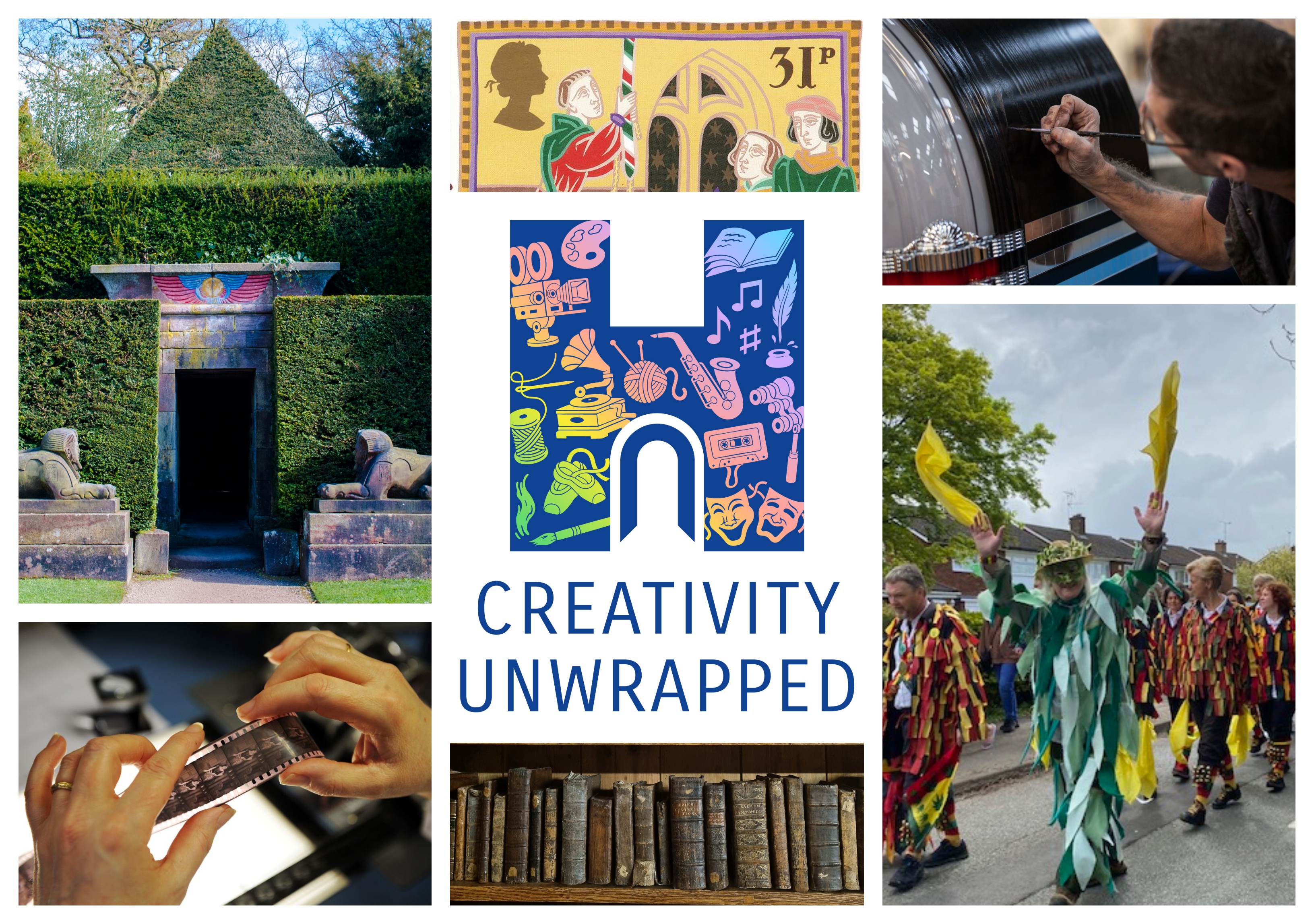 Collage of images around Creativity Unwrapped logo showing topiary, morris dancers, someone painting, a shelf of books and hands holding film negative