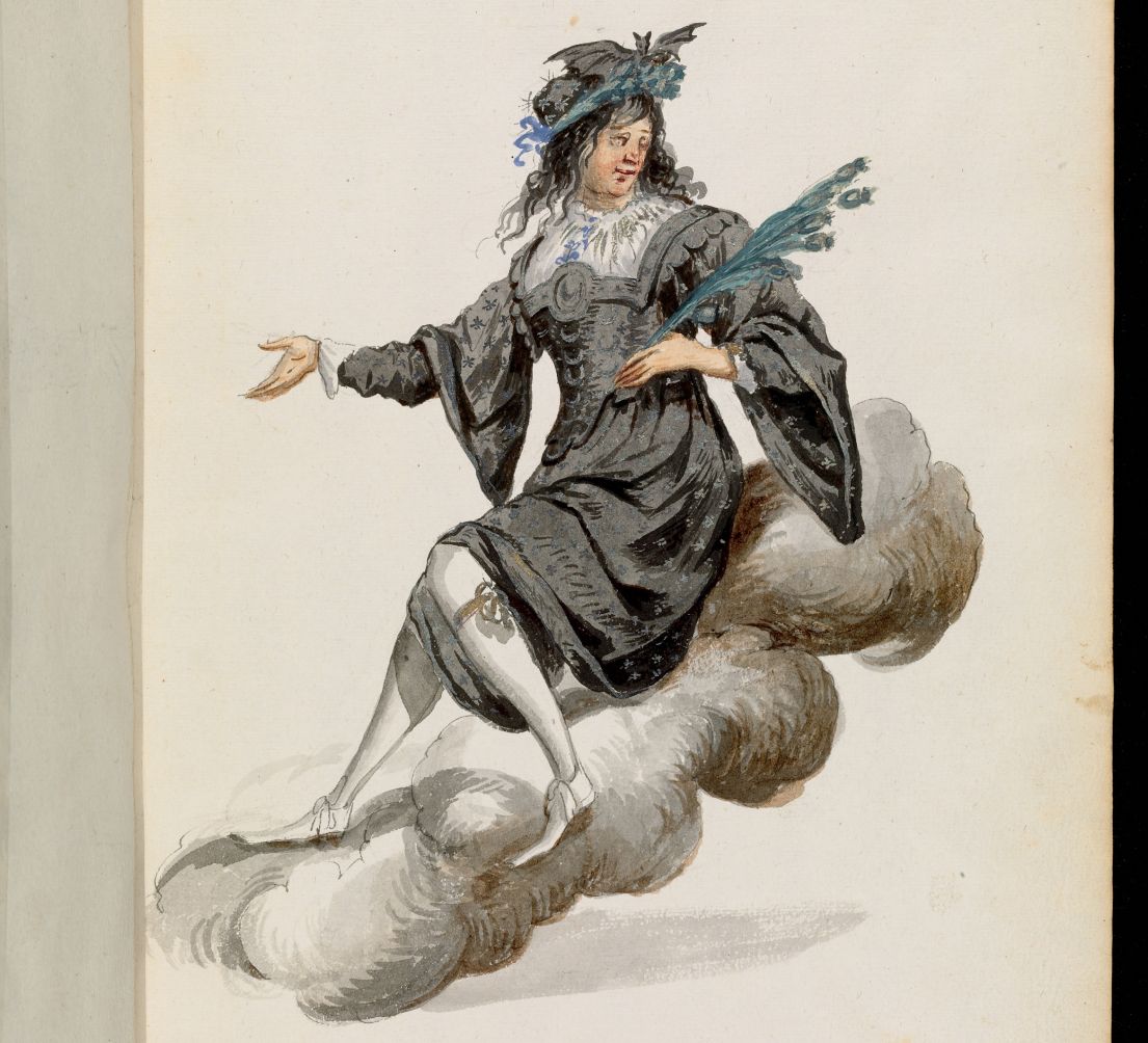Painting of a man in a black theatrical costume sitting on a cloud.