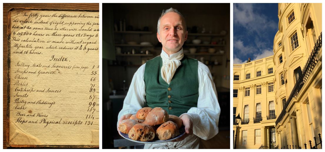 Collage of an aged handwritten recipe, a man dressed in a green recency waistcoat holding buns and of white stone town house buildings in Brighton
